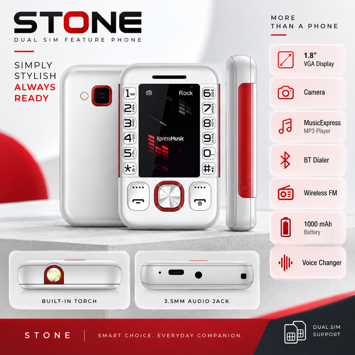 T-Stone Dual SIM Keypad Mobile – 1.8" Display | BT Dialer | MusicExpress | Voice Changer | Camera | Wireless FM | 1000mAh Battery | White & Red