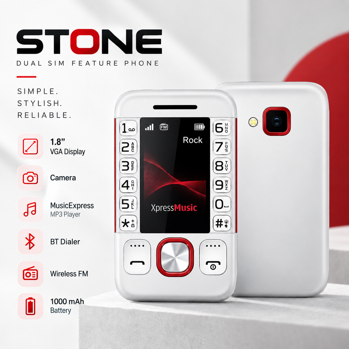 T-Stone Dual SIM Keypad Mobile – 1.8" Display | BT Dialer | MusicExpress | Voice Changer | Camera | Wireless FM | 1000mAh Battery | White & Red