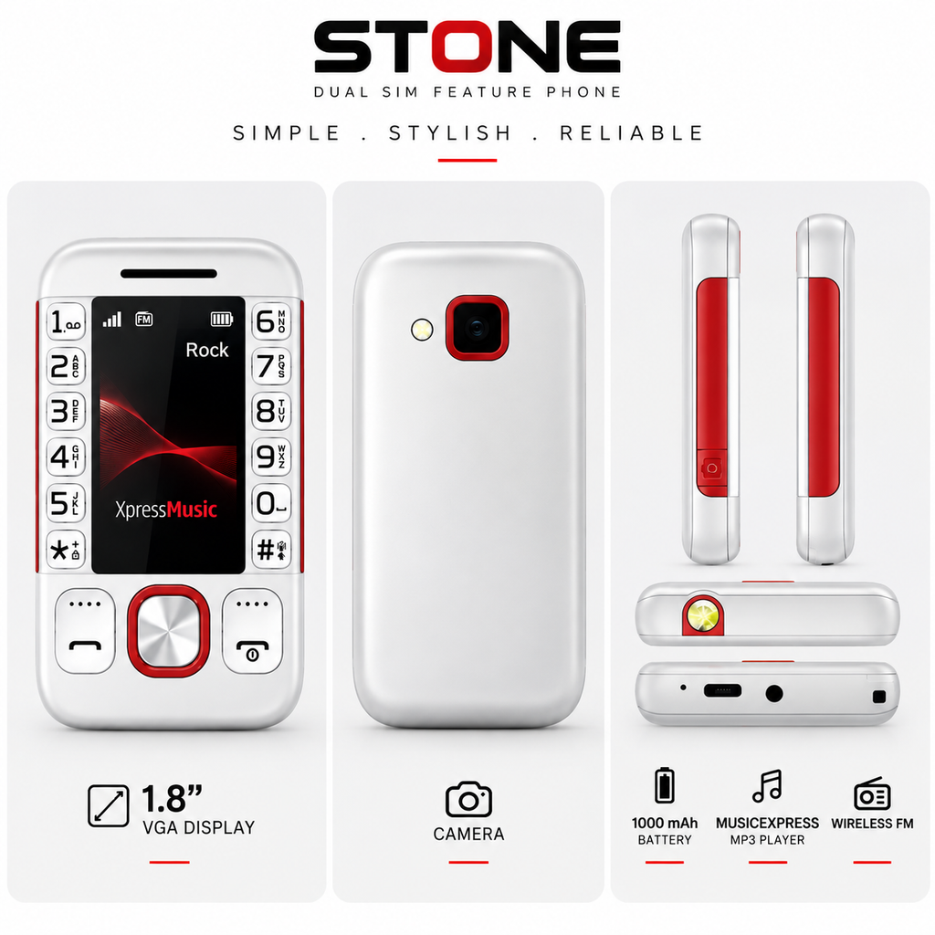 T-Stone Dual SIM Keypad Mobile – 1.8" Display | BT Dialer | MusicExpress | Voice Changer | Camera | Wireless FM | 1000mAh Battery | White & Red