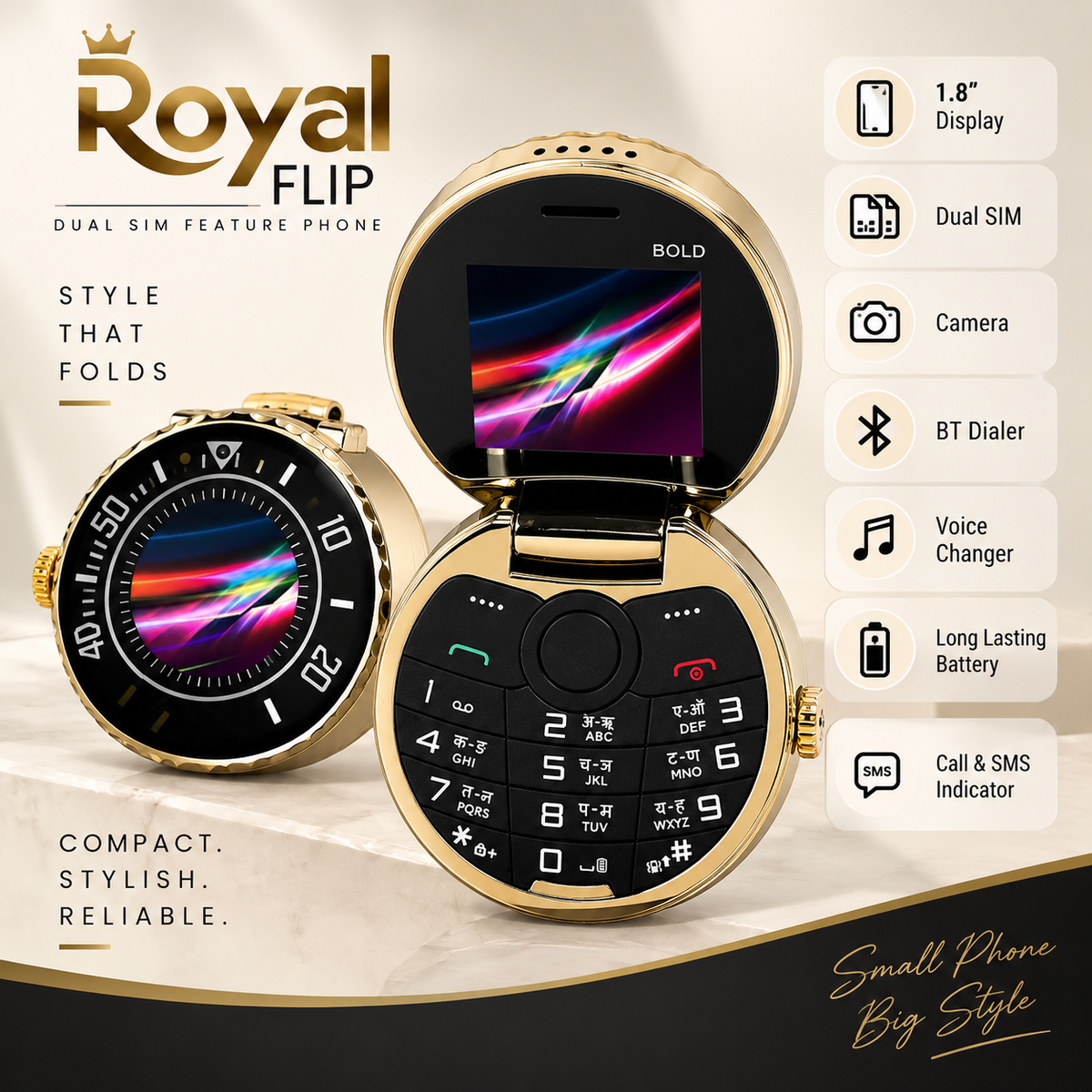 T-Royal Flip Dual SIM Feature Phone – 1.8" Display | Foldable Keypad Mobile | BT Dialer | Voice Changer | Camera | Black & Gold