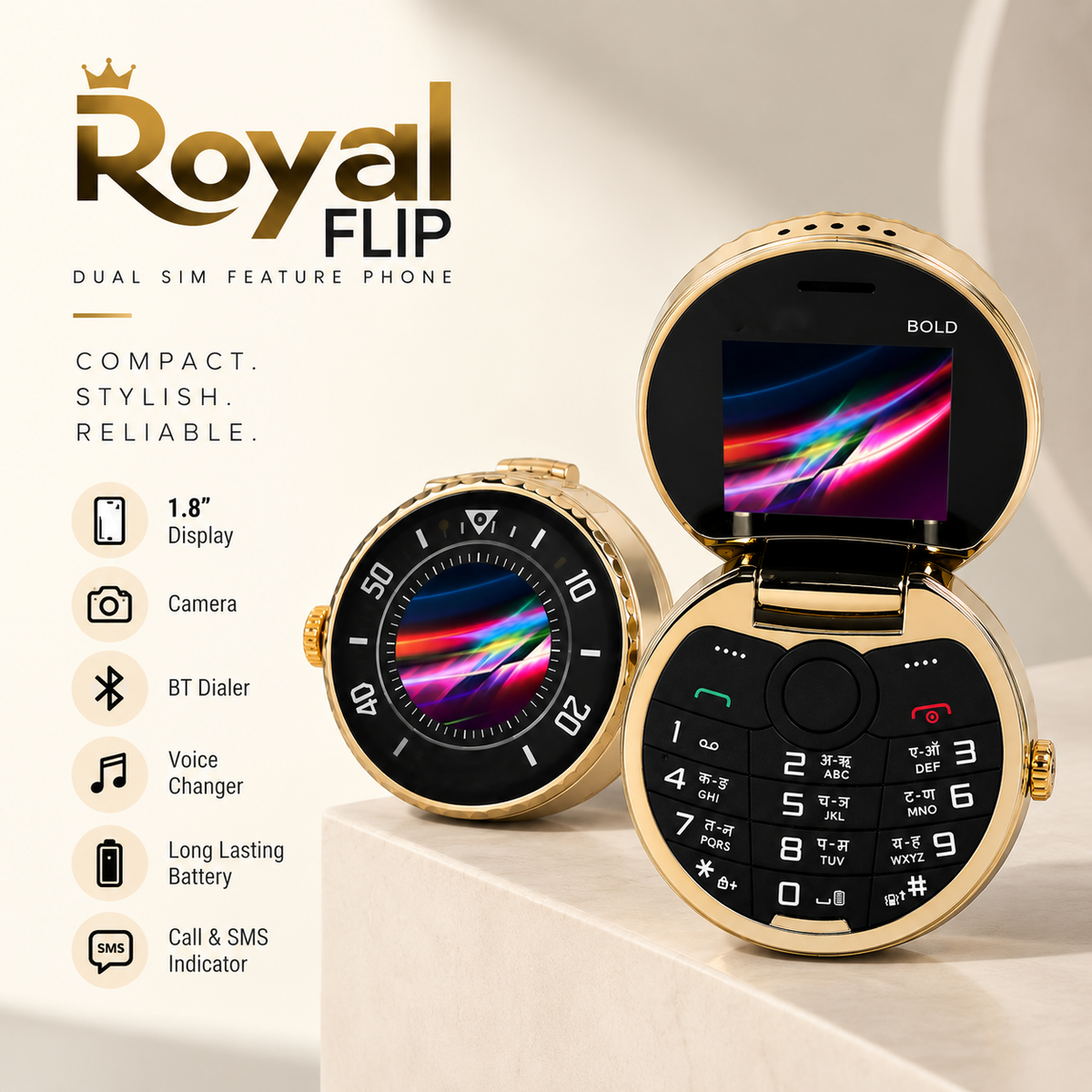 T-Royal Flip Dual SIM Feature Phone – 1.8" Display | Foldable Keypad Mobile | BT Dialer | Voice Changer | Camera | Black & Gold