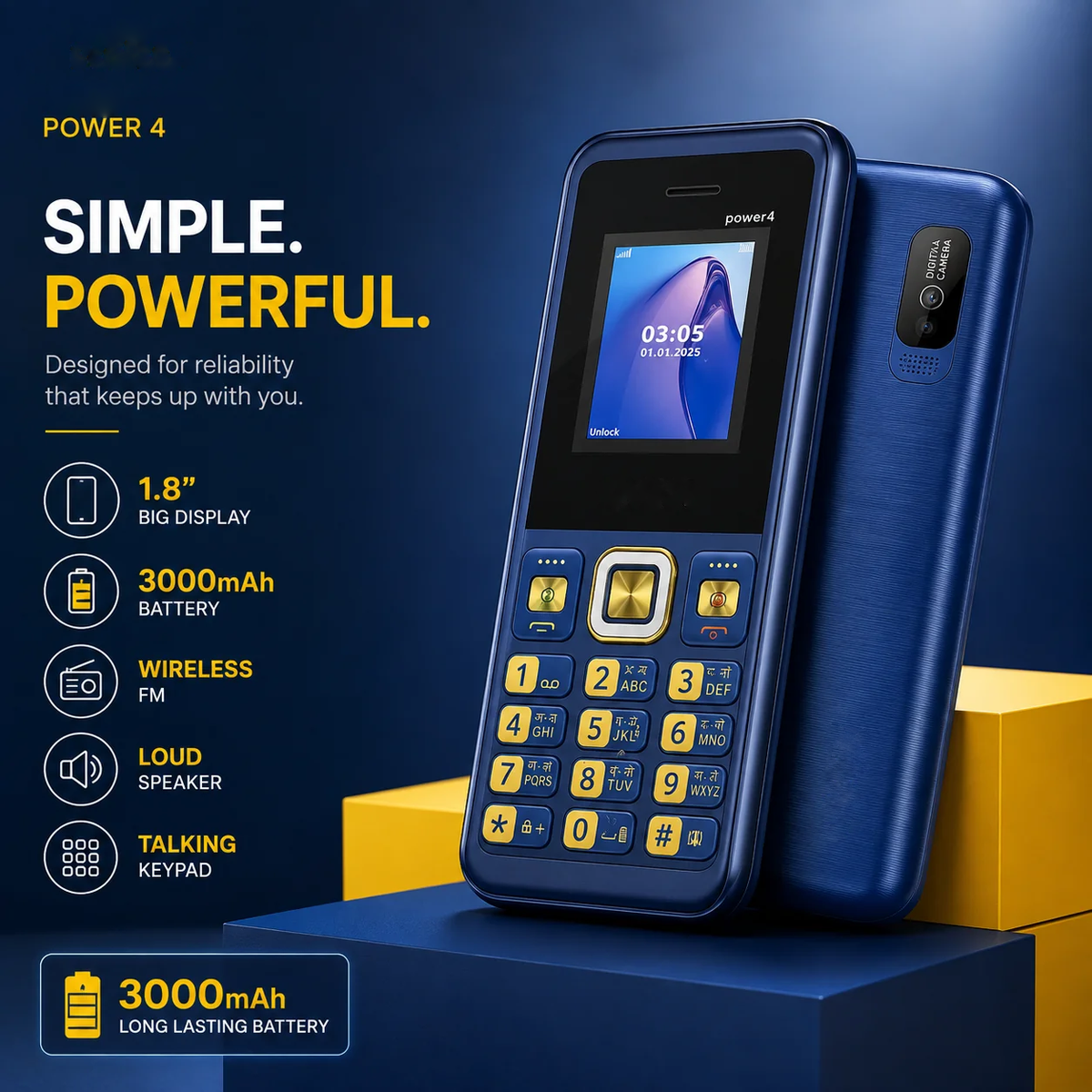 T-All-New Power 4 Dual Sim |Keypad Mobile| with 1.8" Display | BT Dialer| Voice Changer | Auto Call Recording | Powerful 3000Mah Battery | FM | Camera | Feature Phone | Torch | Blue