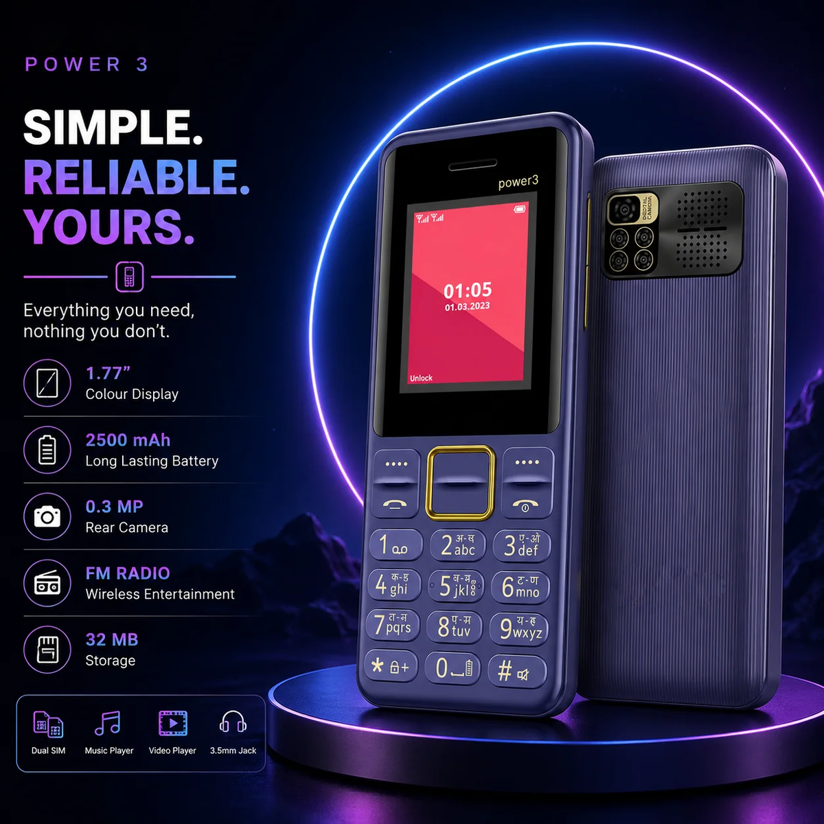 T-Power 3 Dual SIM Keypad Mobile with 1.77-inch Display, 2500 mAh Battery, 0.3 MP Camera & FM
