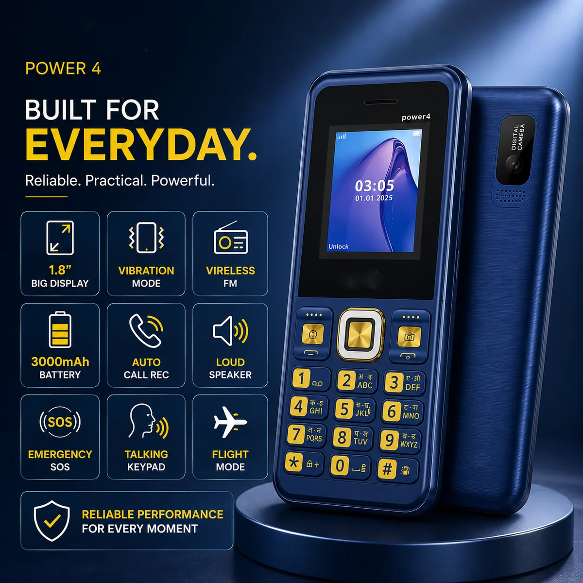 T-All-New Power 4 Dual Sim |Keypad Mobile| with 1.8" Display | BT Dialer| Voice Changer | Auto Call Recording | Powerful 3000Mah Battery | FM | Camera | Feature Phone | Torch | Blue