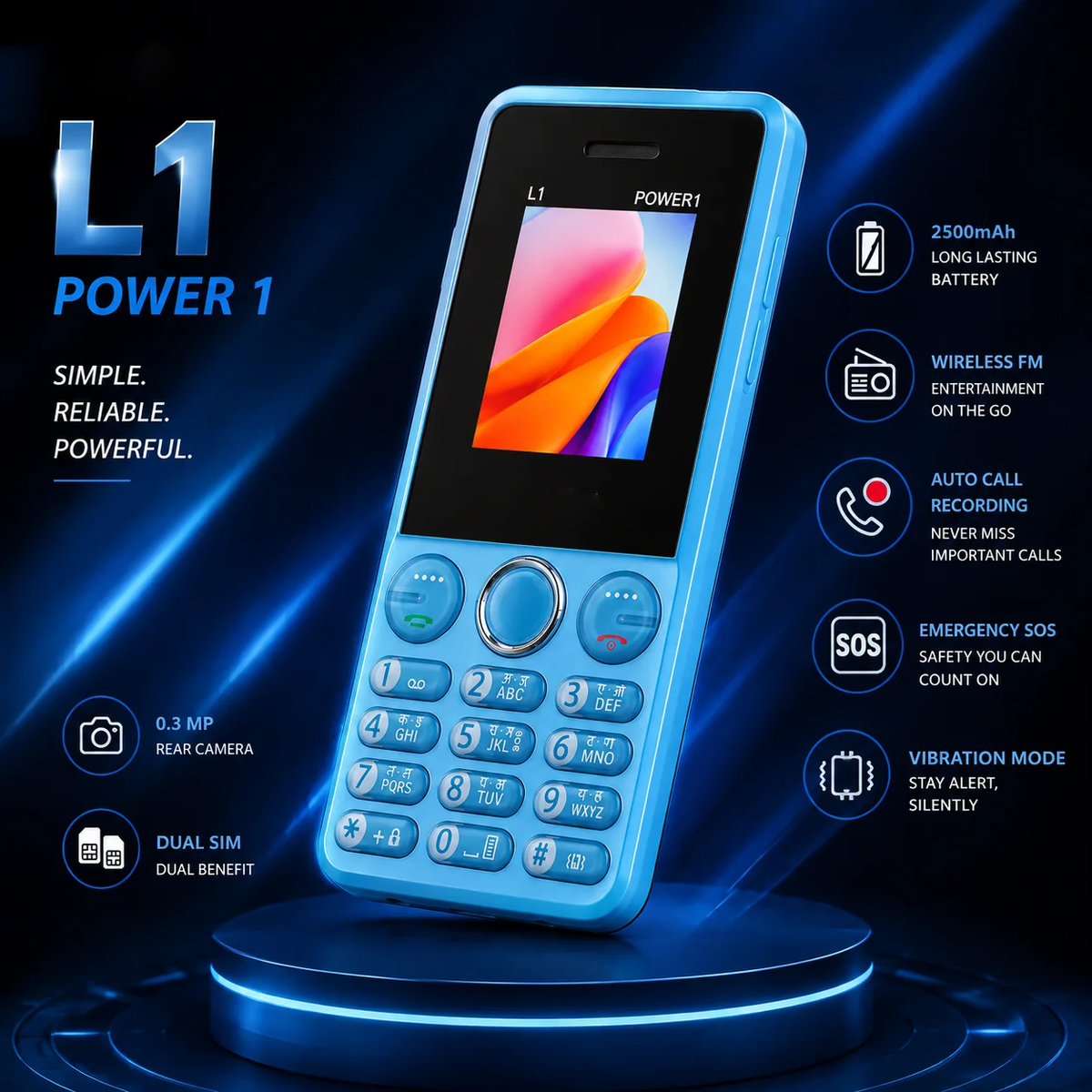 T-L1 Power 1 (Sky Blue) Feature Phone with 2500 mAh Battery, Dual SIM & 1.77-inch Display
