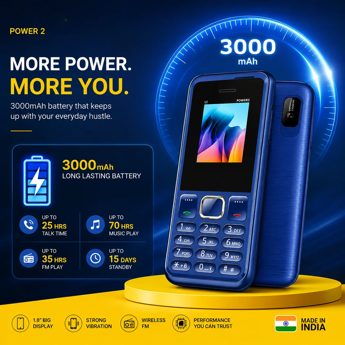 T-L1 Power 2 (Dark Blue) Feature Phone with 2500 mAh Battery, Dual SIM & 1.77-inch Display