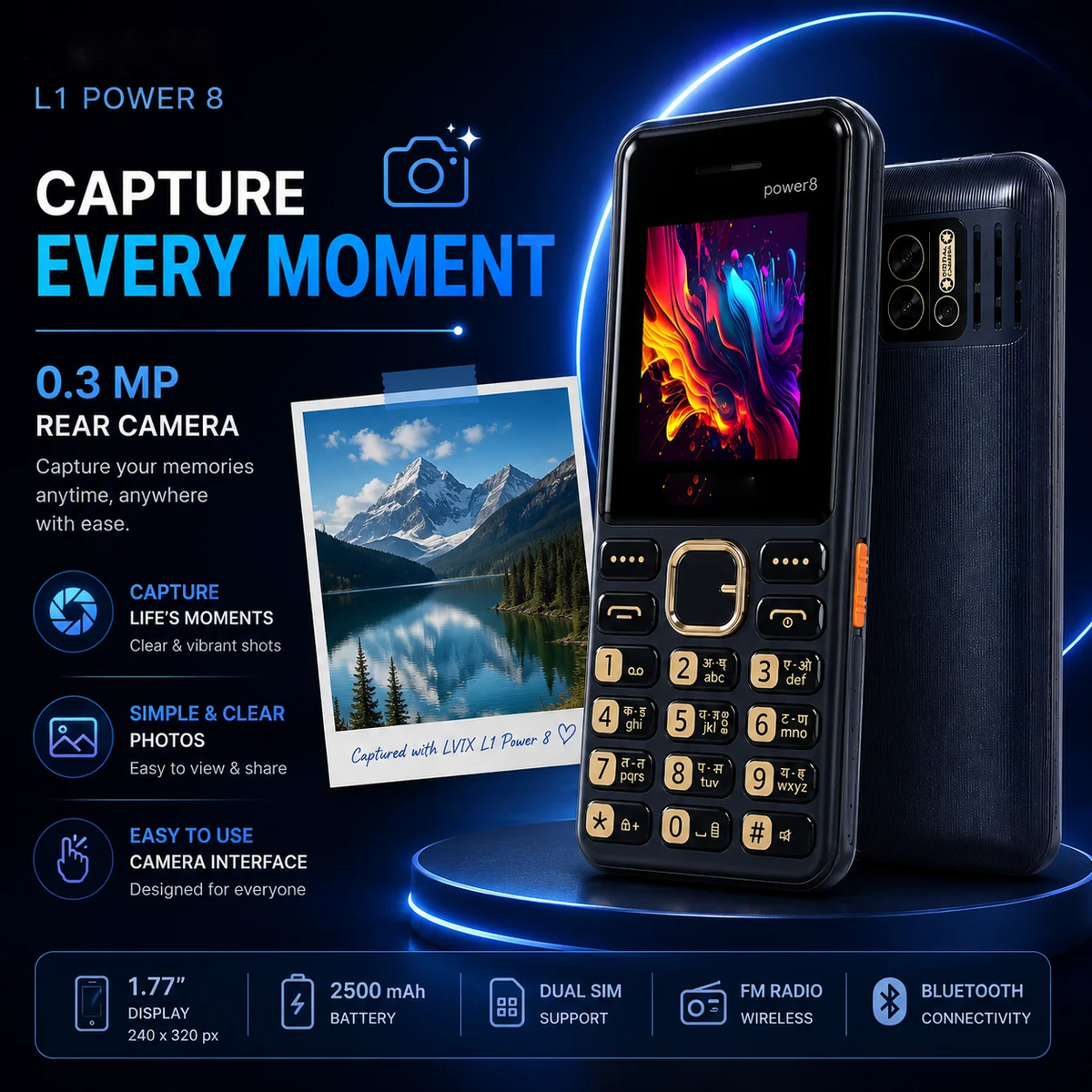 T-L1 Power 8 Dual SIM Keypad Mobile (Sky Blue) with 1.77-inch Display, 2500 mAh Battery, 0.3 MP Camera & Bluetooth